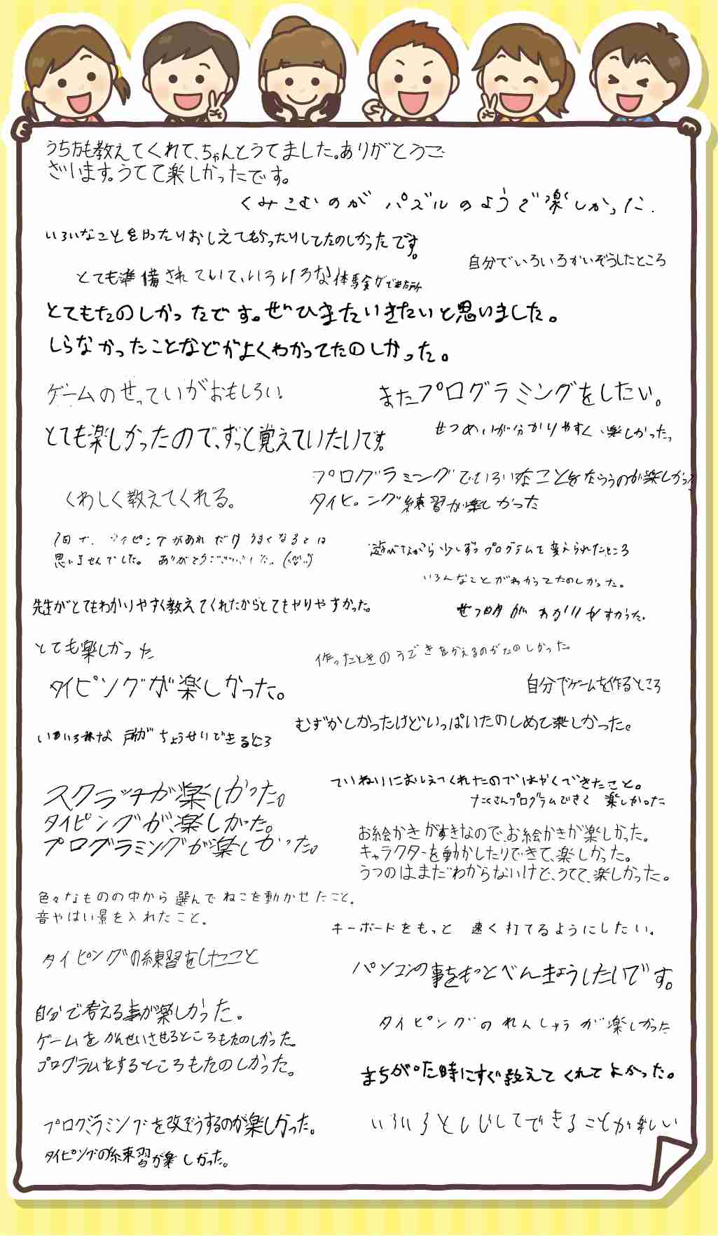 打ち方も教えてくれてちゃんとうてました。ありがとうございます。いろいろなことをやったりおしえてくれたりして楽しかったです。くみこむのがパズルのようで楽しかった。とても楽しかったです。是非また行きたいと思いました。先生がとてもわかりやすく教えてくれたからとてもやりやすかった。1回で、タイピングがあれだけうまくなるとは思いませんでした。ありがとうございました。スクラッチが楽しかった。プログラミングを改造するのが楽しかった。・・・